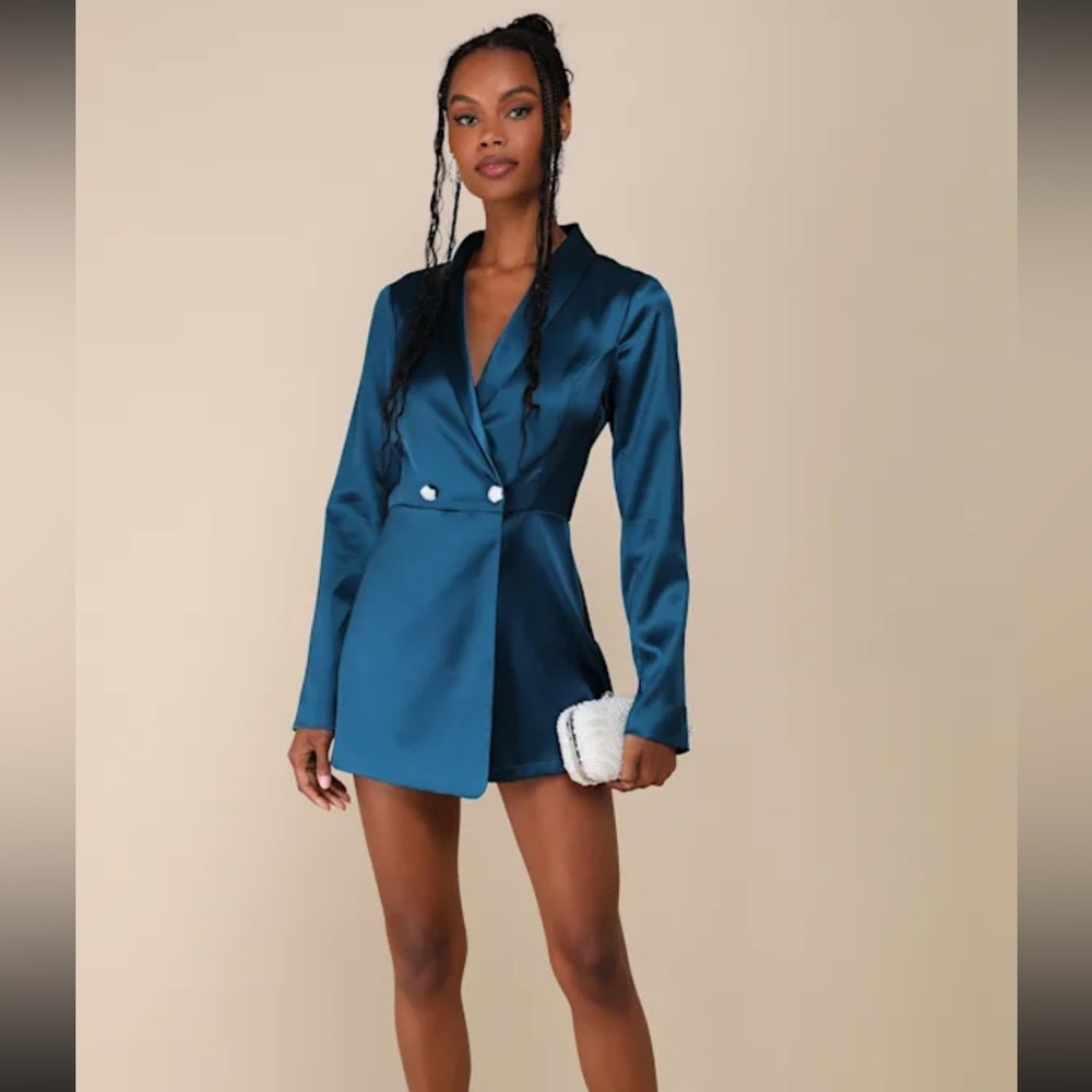 Lulus Regal Aura Teal Blue Satin Long Sleeve Blazer Romper - Size XS - Picture 4 of 9